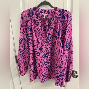 Lilly Pulitzer Elsa Shirt in Blue and Hot Pink Coral Print
